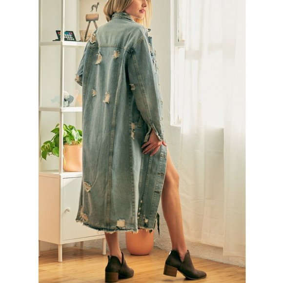 Vintage Distressed Ripped Long Maxi Denim Coat Jean Jacket - Picture 4 of 7
